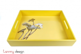 Yellow rectangle lacquer tray hand-painted with lotus 30*36 cm